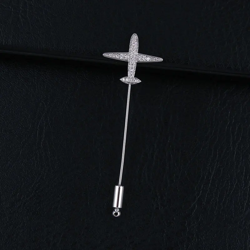 CHUKUI Safety Brooch Pins Cubic Zirconia Airplane Brooches Pins For Clothes Men's Jewelry Silver Color Lapel Pin (2)