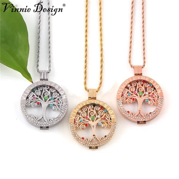 

Vinnie Design Jewelry 2018 Women DIY Necklace Rose Gold 35mm Coin Holder and Chain Fashion Tree Life Coin Pendant Necklace
