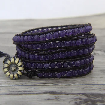 

natural stone bracelet Purple bead wrap bracelet purple stone wrap bracelet BOHO leather wrap Birthstone jewelry