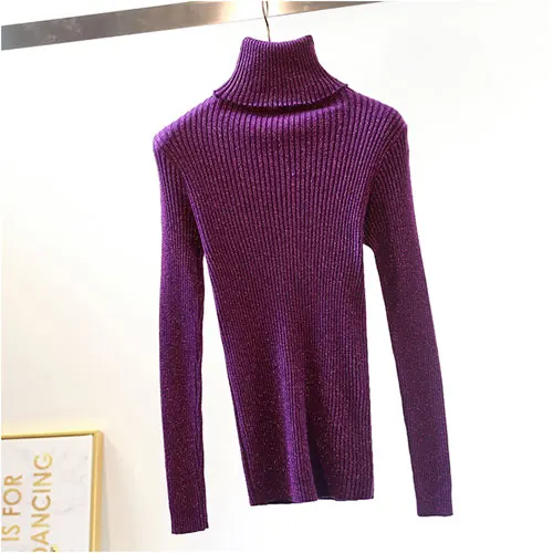 Женские свитера, высокая эластичность, блестящий пуловер с высоким воротом, блестящий, блестящий, Осень-зима, базовый тонкий свитер, красный, фиолетовый - Цвет: Фиолетовый
