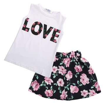 

new hot 2pcs Toddler Kids Baby Girls sleeveless o-neck pullover print T-shirt Tops+Floral Skirt Dress Clothes Outfits Set