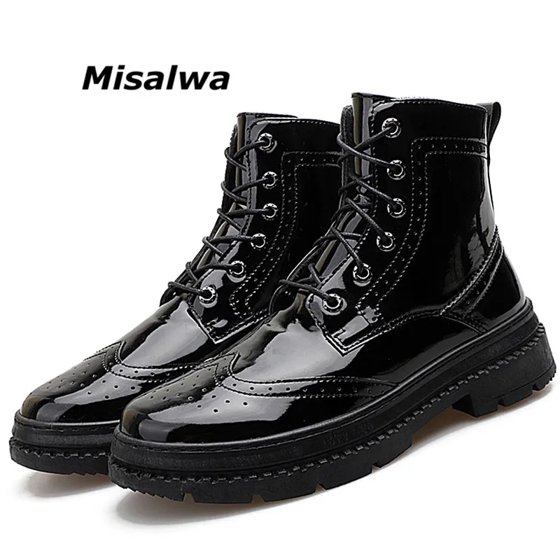 

Misalwa High Quality Mens Patent Leather Brogue Chelsea Boots Vintage Lace Wedding Dress Men Shoes Claret Footwear Chaussure