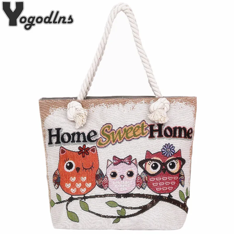 

Fashion Women Beach Bag Casual Handbag Canvas Shopping Bag Ladies Large Capacity Shoulder Bag Cute Owl Printing Messenger