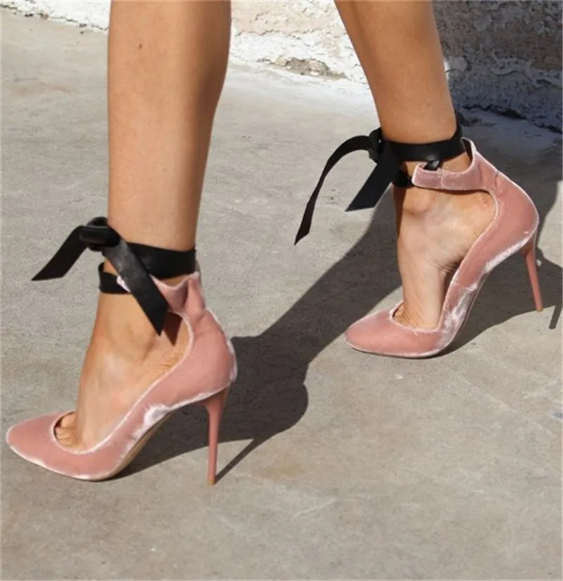 

2017Pink Pointed Toe Flock Velvet Women Ankle Wrap High Heels Party Dress Lady Designer Pumps Shoes Lace Up Stiletto Shoes Woman