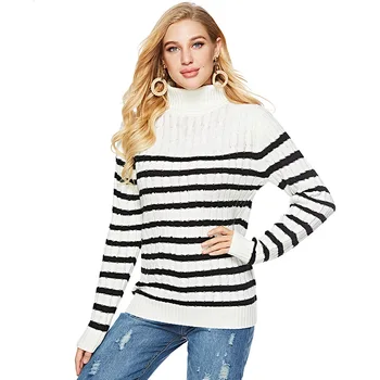 

2018 Autumn Winter knitted Sweater Women Striped Turtleneck Long Sleeve Loose Pullover Casual Befree Jumper pull Female