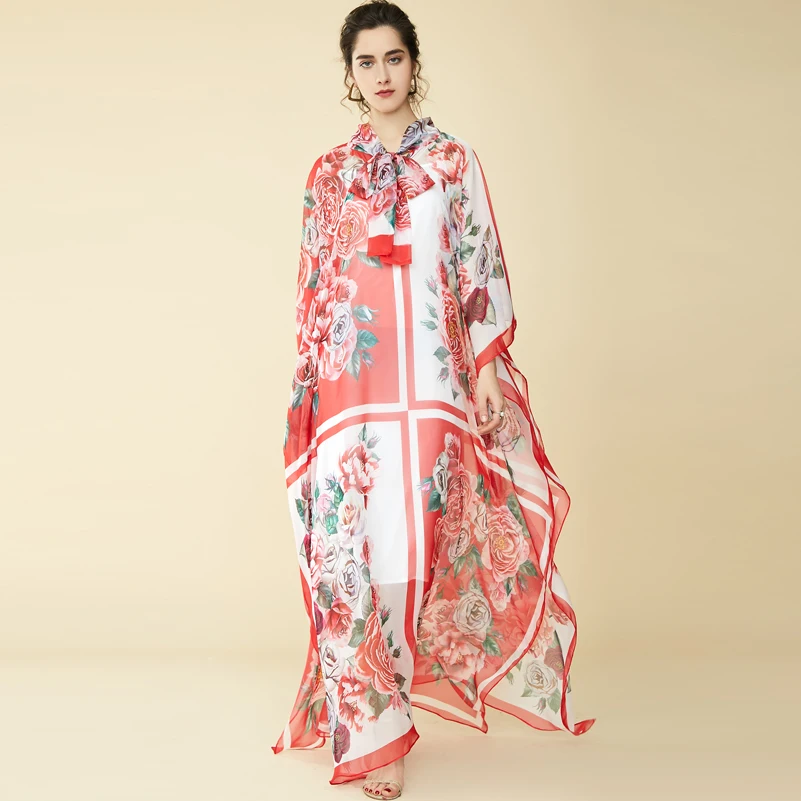 Nieuwe mode designer runway Maxi jurk Vrouwen Batwing Mouw Boog kraag bloemenprint losse strand chiffon bohemian lange jurk Nieuwe mode designer runway Maxi jurk Vrouwen Batwing Mouw Boog kraag bloemenprint losse strand chiffon bohemian lange jurk