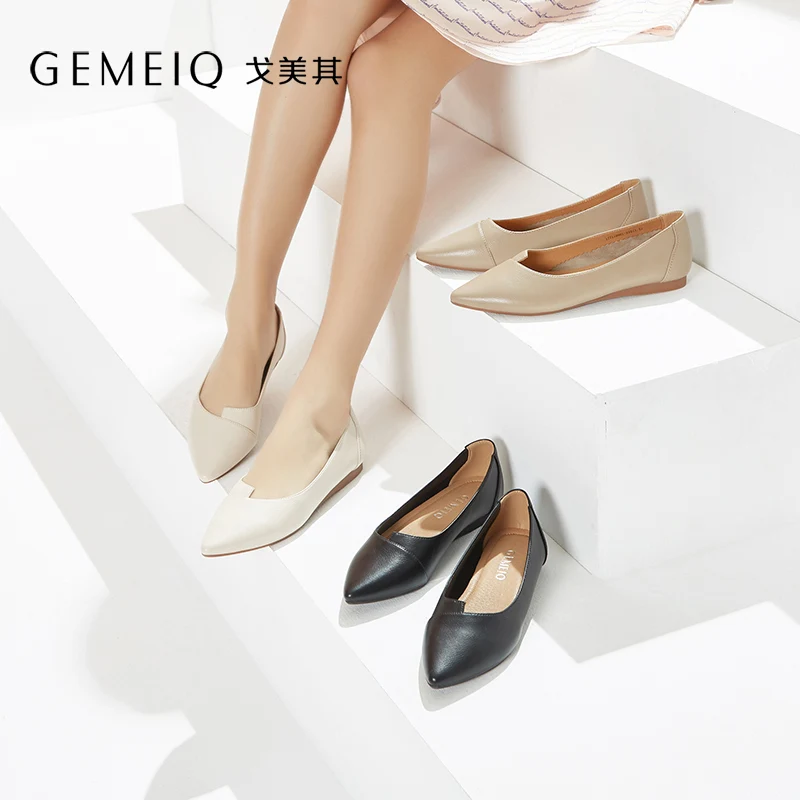 

GEMEIQ 2019 Spring New Shallow Pointed toe Nude Shoes Women Flat with Shoes Comfortable and casual easy matching Grandma Shoes