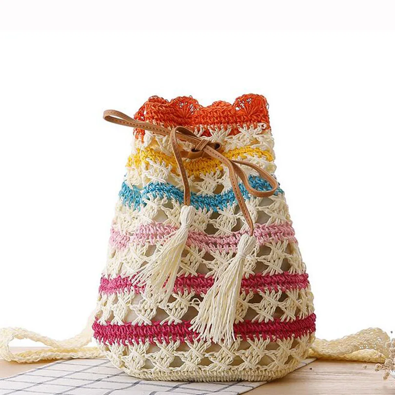

Women Striped Bohemian Straw Backpacks Shoulder Bag For Teenagers Ladies Girl Travel Knitting Tassel Bagpack Mochila Rucksacks
