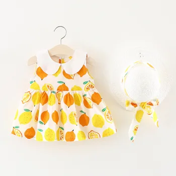 

2018 Summer baby girl clothing set lemon printed Flower Dresses + Bows Sun Hats baby girl clothes Newborn Outfits