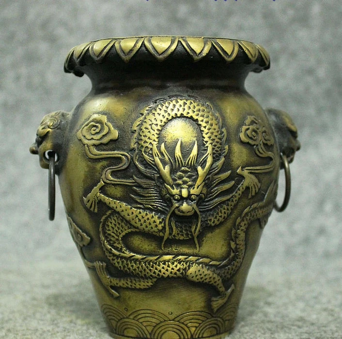 

5" Marked Old China FengShui Royal Bronze Dragon Lion Head Poetry Pot Jar CrocK