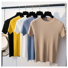 GIGOGOU Новая Летняя женская футболка, Модная трикотажная футболка с коротким рукавом, топ с круглым вырезом, Женская Повседневная футболка