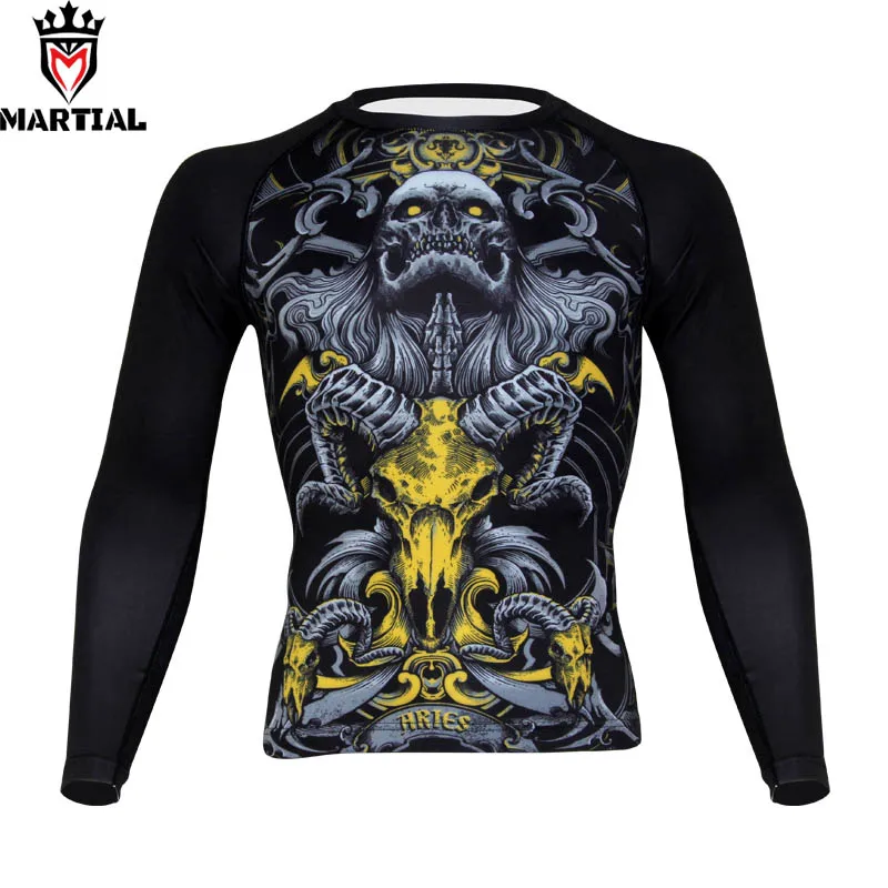Billig Martial freies verschiffen Widder gedruckt mma quick dry kompression boxing männer kleidung martial arts kampf tragen running shirt