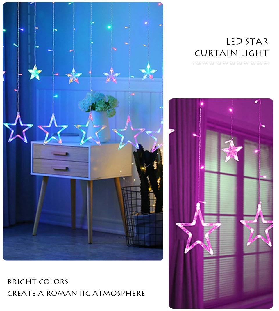 220V LED Holiday String New Year Pentagram Star Curtain Light Fairy Wedding Birthday Christmas Lighting Indoor Decoration Light (9)