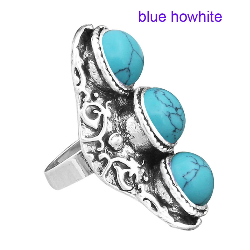 Три Природный камень бисера Регулируемые Кольца Винтаж Посмотрите Античная Посеребренная Модные украшения TR28 - Цвет основного камня: Blue Howhite