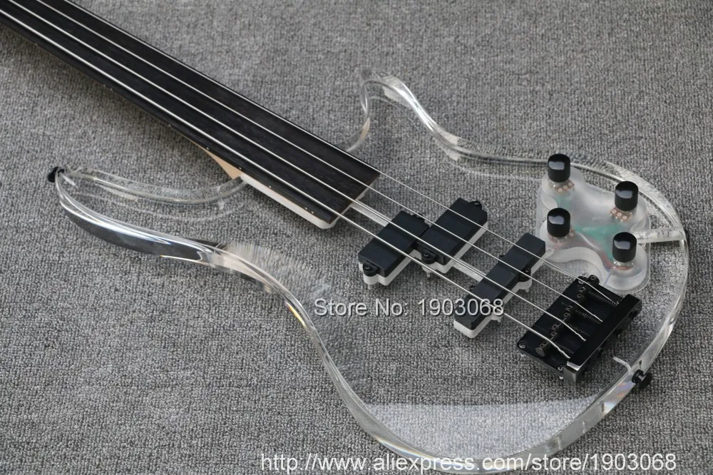 Высокое качество палисандр Fretless бас, 4 струнная электрическая бас гитара прозрачный акриловый корпус и голова, корпус, черная фурнитура