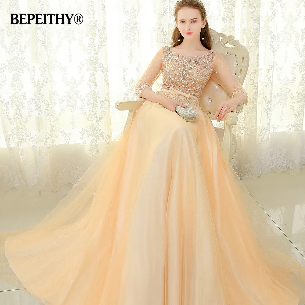 

BEPEITHY Scoop Gold Long Evening Dress Party Elegant Full Sleeves 2016 Robe De Soiree Beaded Vintage Prom Dresses With Belt 2019