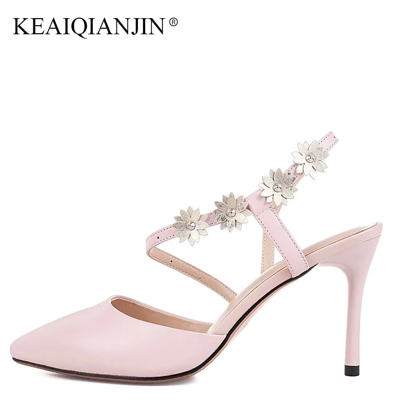 

KEAIQIANJIN Woman Genuine Leather Pink Prom Sandal Fashion Gladiator High Heels Shoes Sexy Gray Green Summer Flower Sandals 2018