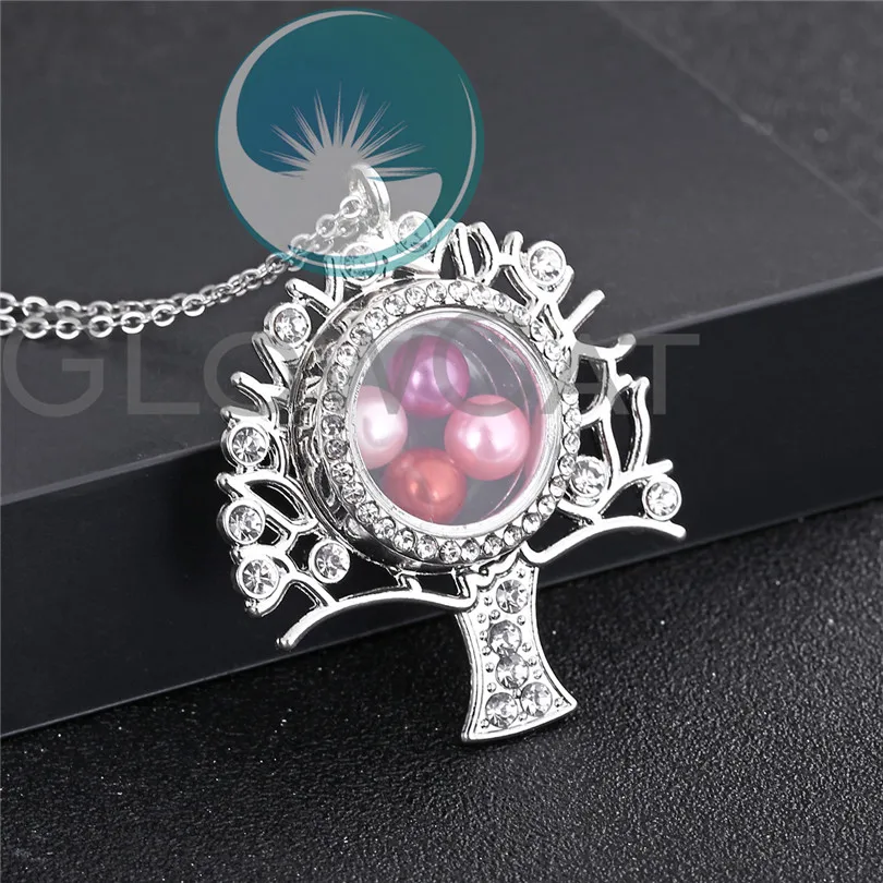 

Silver Tree of Life Locket Necklace Beads Pearl Memory Photo Glass Locket Pendant Rhinestone Charm Necklace