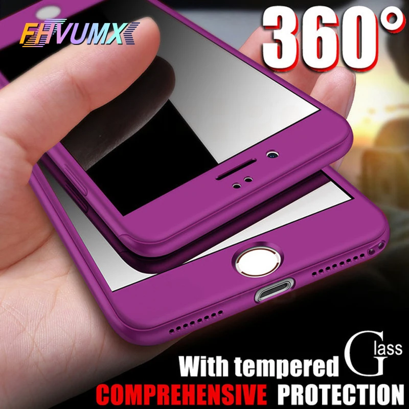

FHVUMX 360 Full Cover Phone Case For iPhone X 8 6 6s 7 PC Protective Cover For iPhone 7 8 Plus 6S 6 S Plus Case Cover With Glass