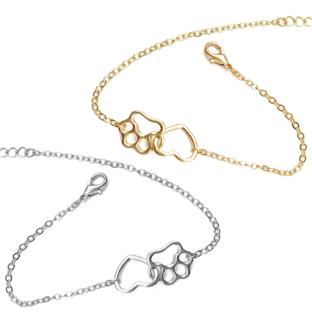 Cute Pat Cat Dog Footprint Silver/Gold Women Hand Chain Elegant Fashion Hollow Love Heart Pet Paw Bracelet Lovely Animal Jewelry