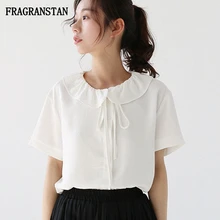 Для женщин сезон: весна–лето стиль воротник-кукла милая белая футболка женская мода ремень высокое качество футболки, женские, повседневные, Свободные Топ JQ404