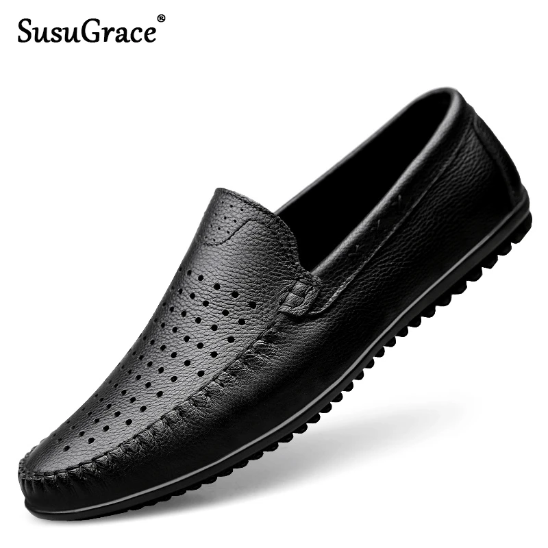 

susuGrace Luxury Brand Genuine leather shoes Men Summer perforated Loafers soft Moccasins light slip on rubber sole plus sizes