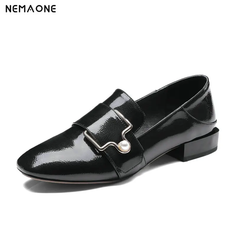 

NEMAONE Big size 42 New genuine leather shoes woman low heel women pumps square toe ladies dress wedding shoes black red green