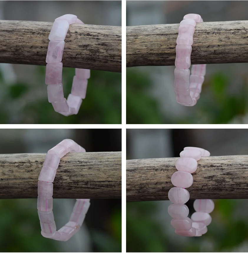 

2019 Genuine Natural Rose Pink Crystal Bracelets Women Lady Elastic Pink Rectangle Beads Stretch Charm Love Gift Bangles