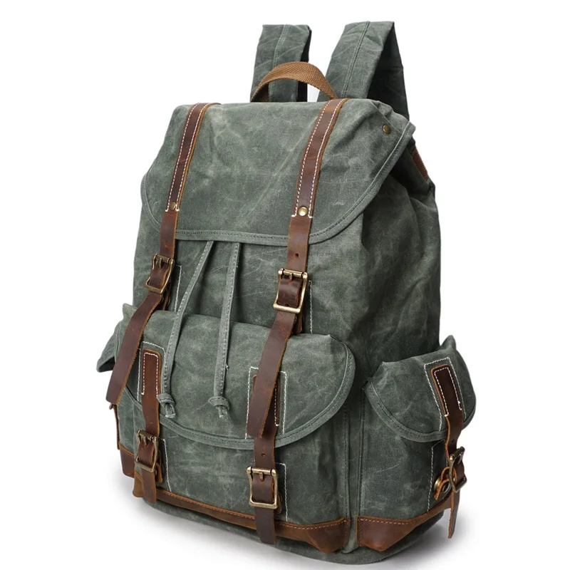 M144 New Multifunction Vintage Leather Military Waterproof Canvas Men's Backpack Backpacking Rucksack Luxury Brand Cow Leather