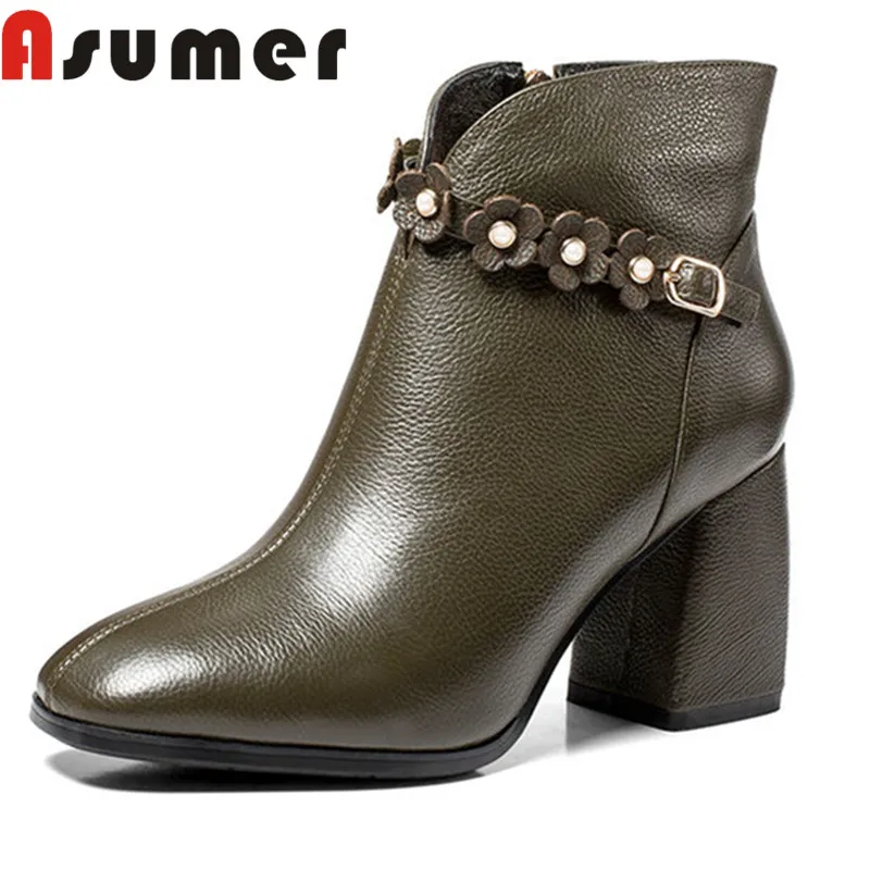 

ASUMER HOT SALE 2018 square toe flower ankle boots for women thick heels winter boots thick heels fashion genuine leather boots