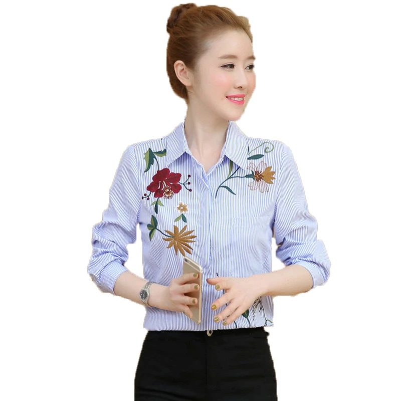 

WAEOLSA Woman Pinstriped Shirt Flower Embroidery Blouses Womens Business Casual Tops Office Lady Chic Shirts Girls Tops 2017 XL