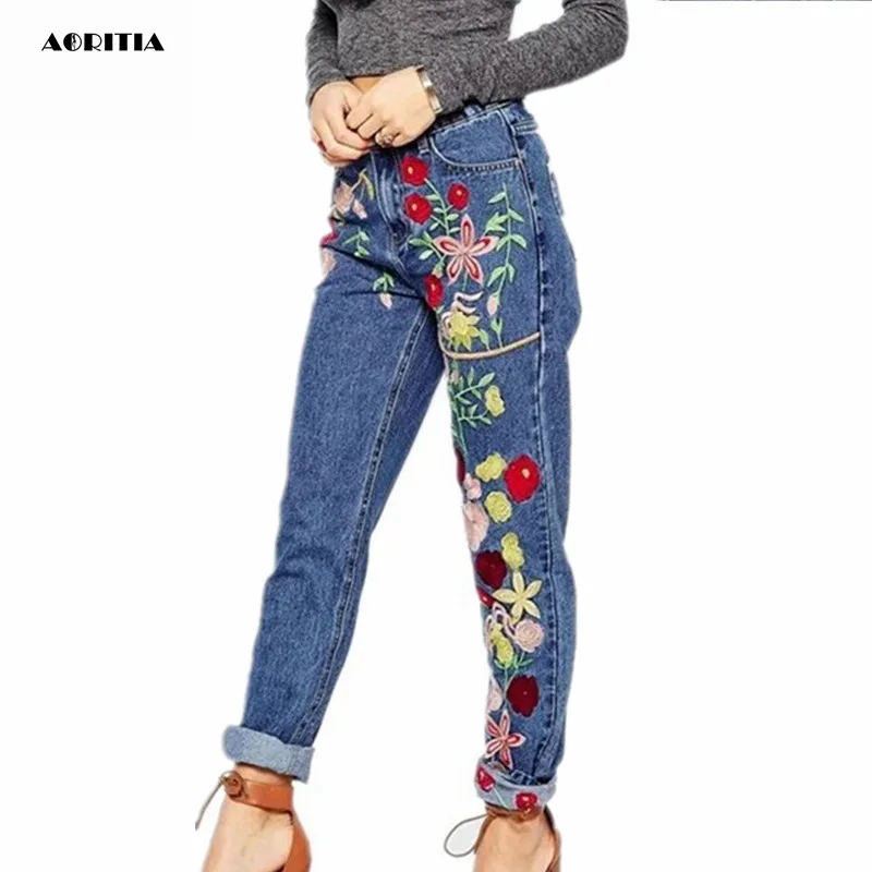 

2018 Woman Denim Jeans Full Length Pants High Waisted Jeans with Embroidery