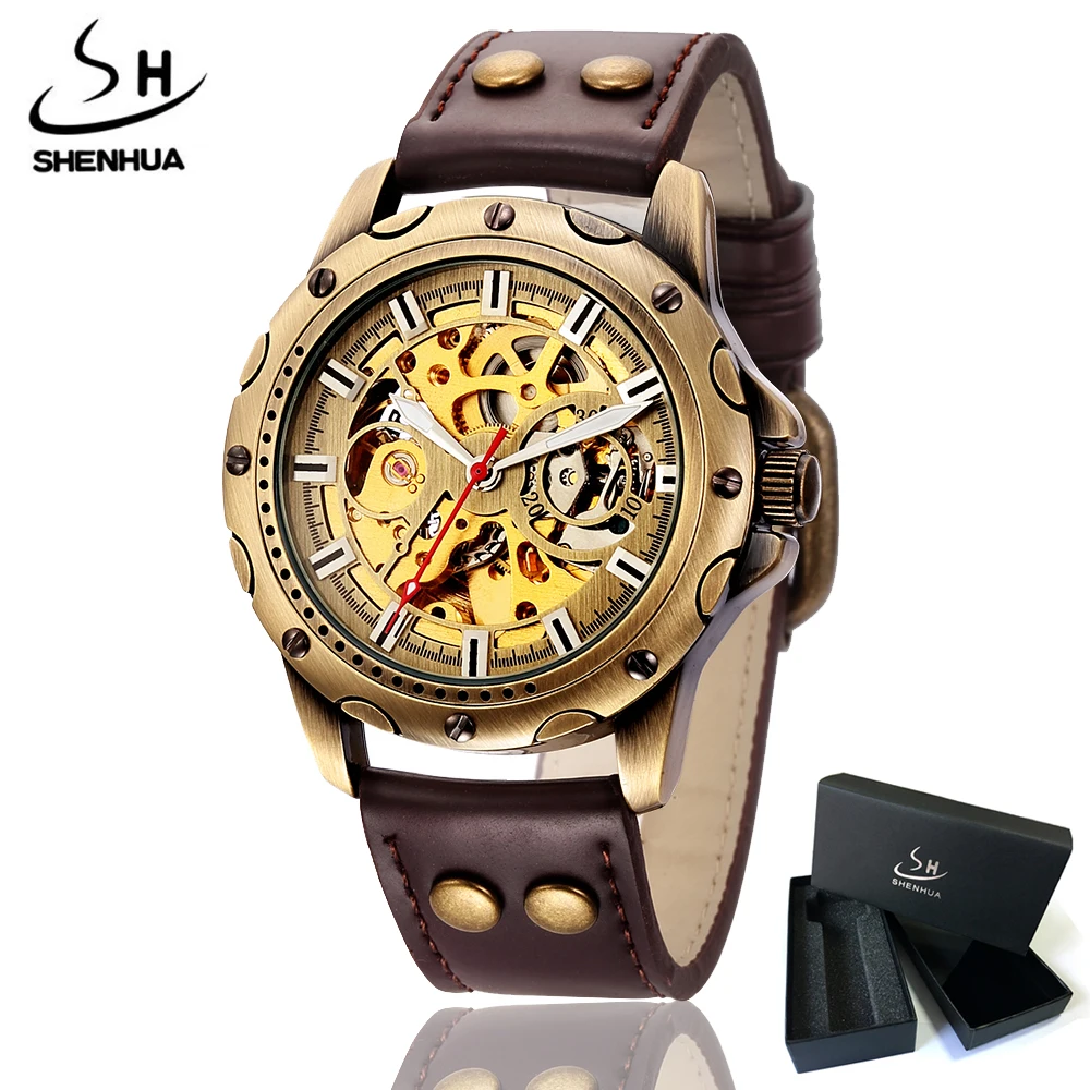 Mens Retro Skeleton Automatic Mechanical Watch Steampunk Men SHENHUA Vintage Bronze Plating Transparent Wrist Watches Clock Man Mens Retro Skeleton Automatic Mechanical Watch Steampunk Men SHENHUA Vintage Bronze Plating Transparent Wrist Watches Clock Man