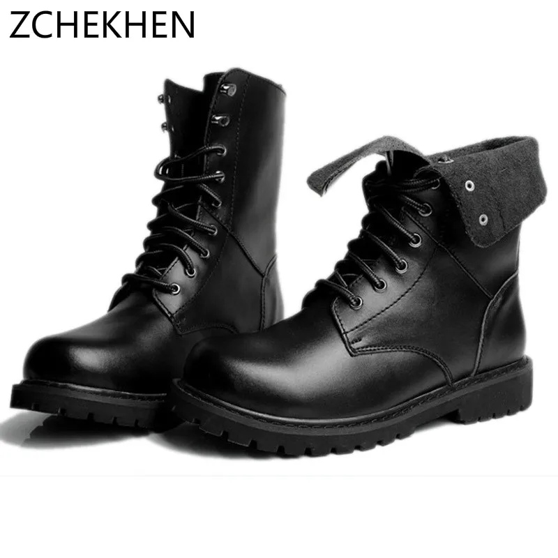 

Genuine Leather Men Military Boots Men's Motorcycle Riding Hunting Casual Walking Shoes Designer Martin Botas Hombre black