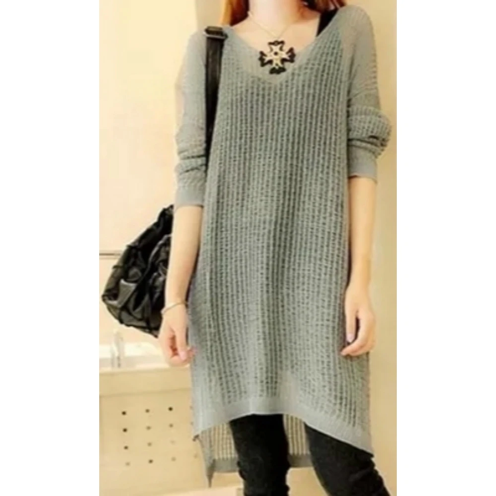

Fashion Women Hollow Irregular Clothing Long Knitted Tunic Loose Soft Elastic Solid Knitwear Mesh Tops