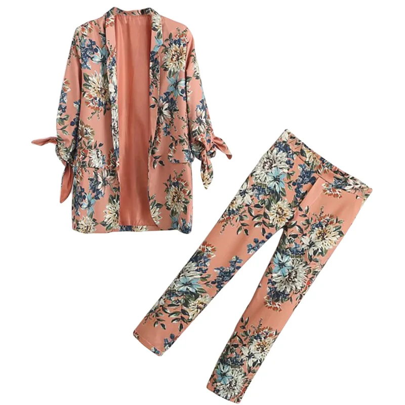 

Set female 2018 spring new style temperament fashion flower print suit jacket + straight trousers casual pants elegant two-piece