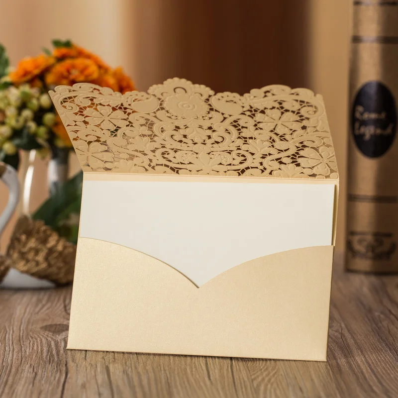  50pcs Gold Red Laser Cut Luxury Flora Elegant Diamond Wedding Invitations Card Personalized Wedding - 32906117613