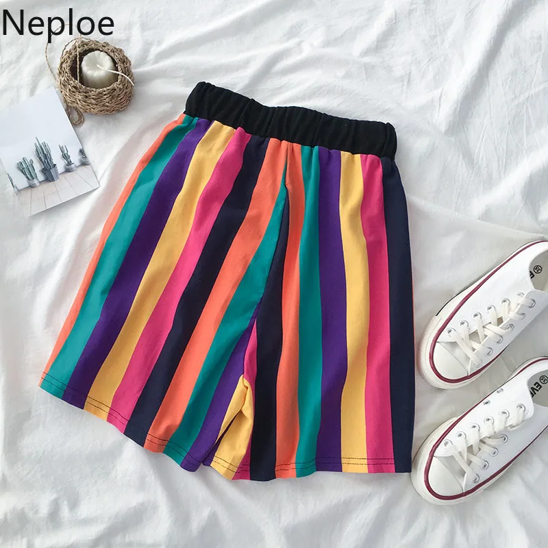 

Neploe Rainbow Striped Women Shorts Summer 2019 Casual High Waist Drawstring Short Feminino Korean Wide Leg Short 45069