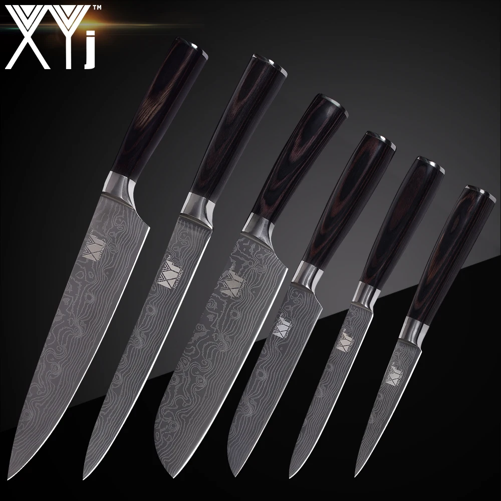 

XYj 7cr17 Stainless Steel Knife Set Kitchen Accessories Cooking Damascus Pattern Chef Slicing Santoku Utility Paring Knife