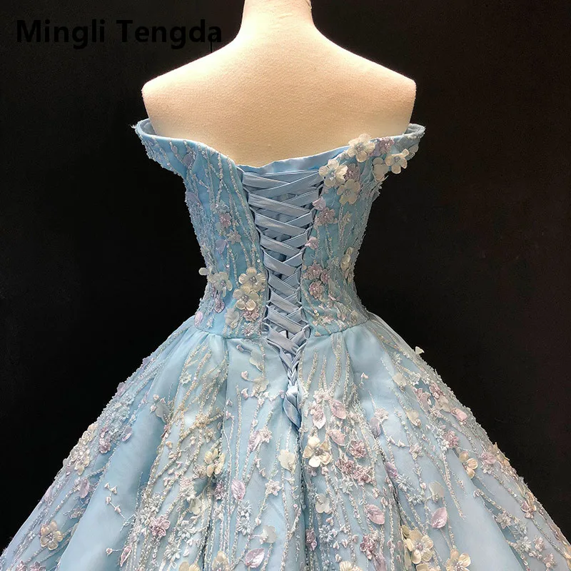 Mingli Tengda Mori, синее Пышное Бальное платье с цветами и жемчужинами, платье с открытыми плечами 16