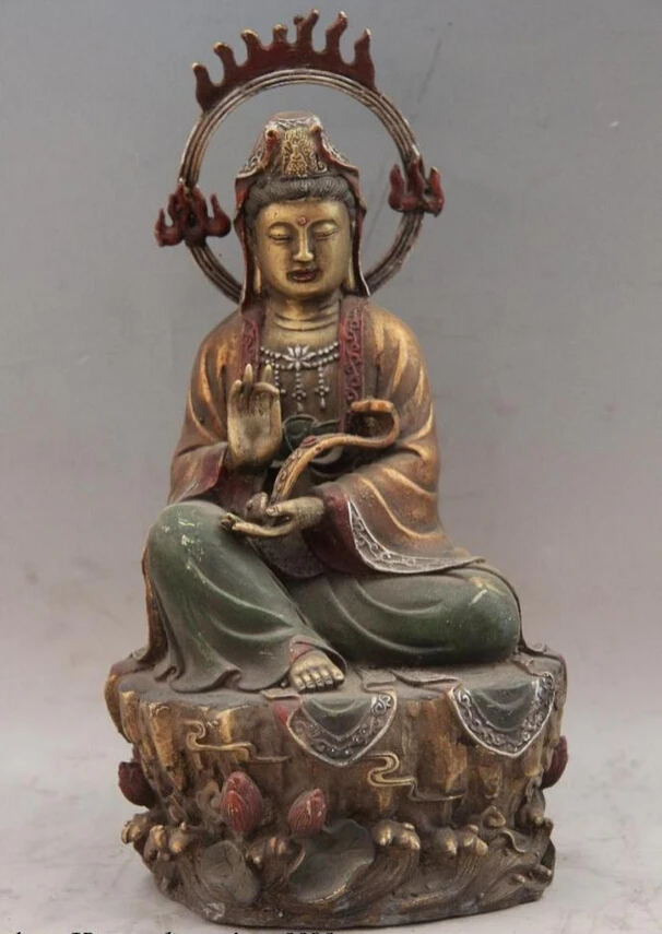 

Collectible bronze lion statue S0746 Chinese Folk Color Painted Buddhist godness Kwan-Yin Statue B0403