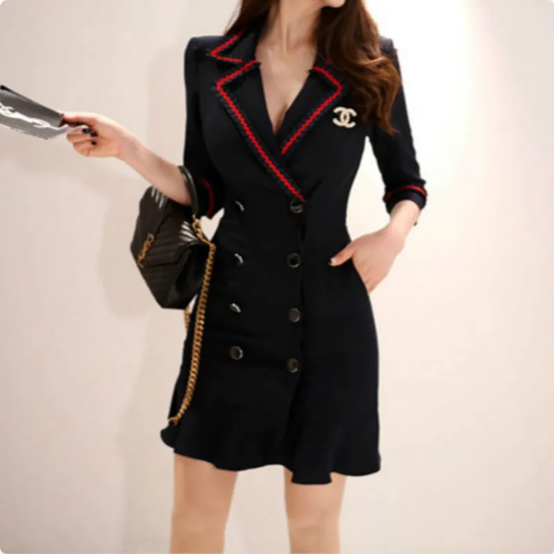 Плюс размер платье-карандаш женское осеннее черное с длинным рукавом зубчатое винтажное офисное женское мини платье корейские Клубные платья