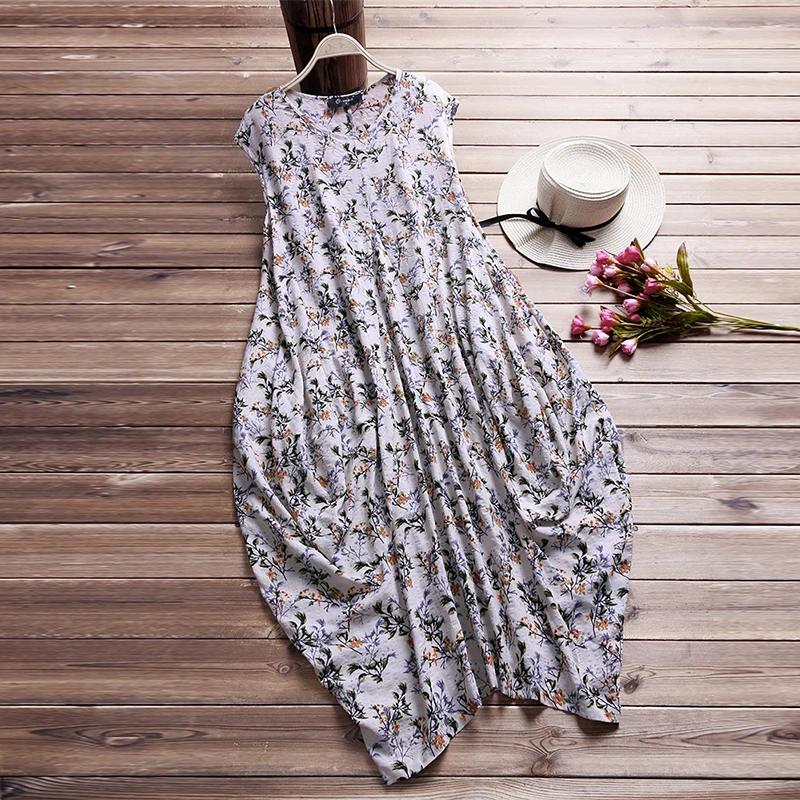 2018 Women Summer Boho Cotton Linen Party Beach Floral Printed Dress Casual Sleeveless Loose Vintage Kaftan Vestido Plus Size