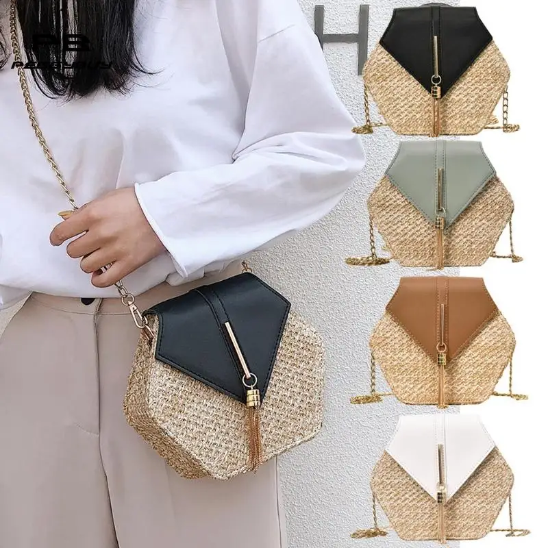 Новая мода Hexagon Mulit стиль соломы + pu сумка сумки женская летняя плетеная Сумка из ротанга ручной работы тканая пляжная bolsa feminina