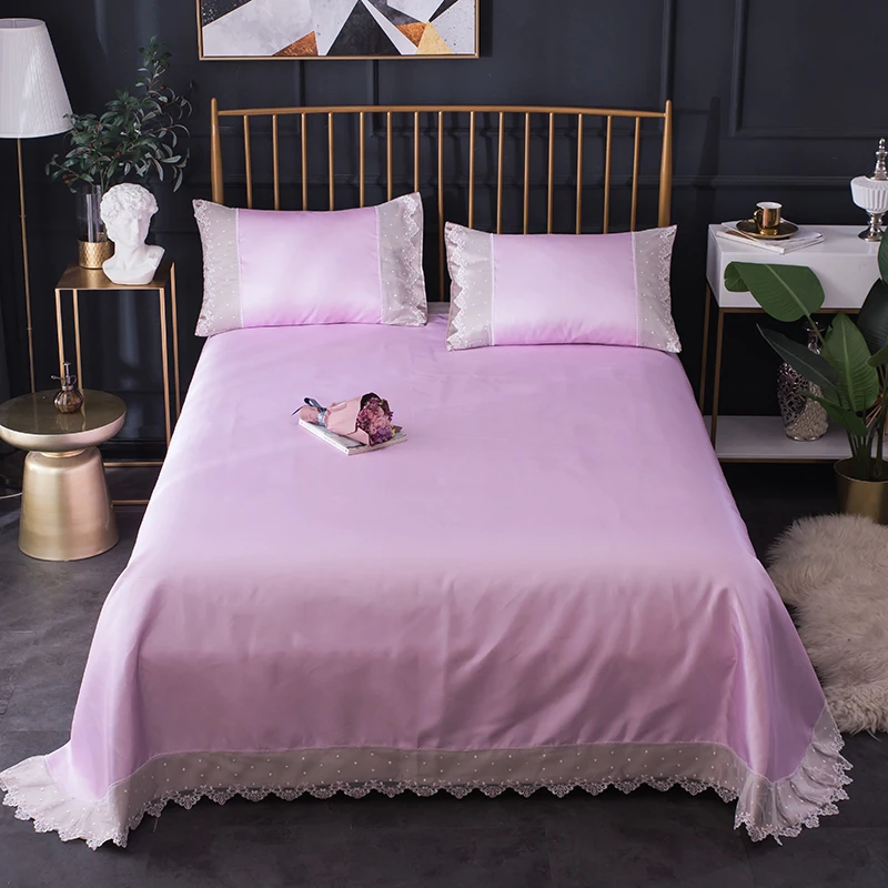 

Lace Edge Solid Purple Pink Blue Gold Flat Bed Sheets with Pillowcase Summer Cool Fabric Sleeping Sheet 245*250cm 245*270cm