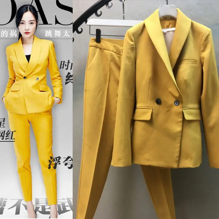 

New Fashion Yellow Suit Suit Spring New Female Small Suit Jacket Tide Nine Feet Pants Two-piece/set Womens Clothing Women Sets