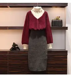 Для женщин вязаные топы Юбки Костюмы Двойка комплект 2018 мода Slim лоскутное комплект юбки и свитера женская одежда