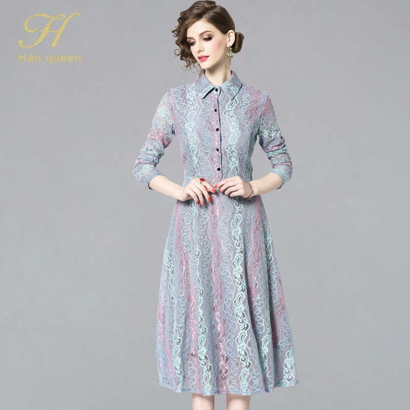 

H Han Queen Sexy Elegant A-line Big Swing Lace Dress Women 2019 Spring Retro Mesh Vestidos Knee-length Plus Size OL Dresses