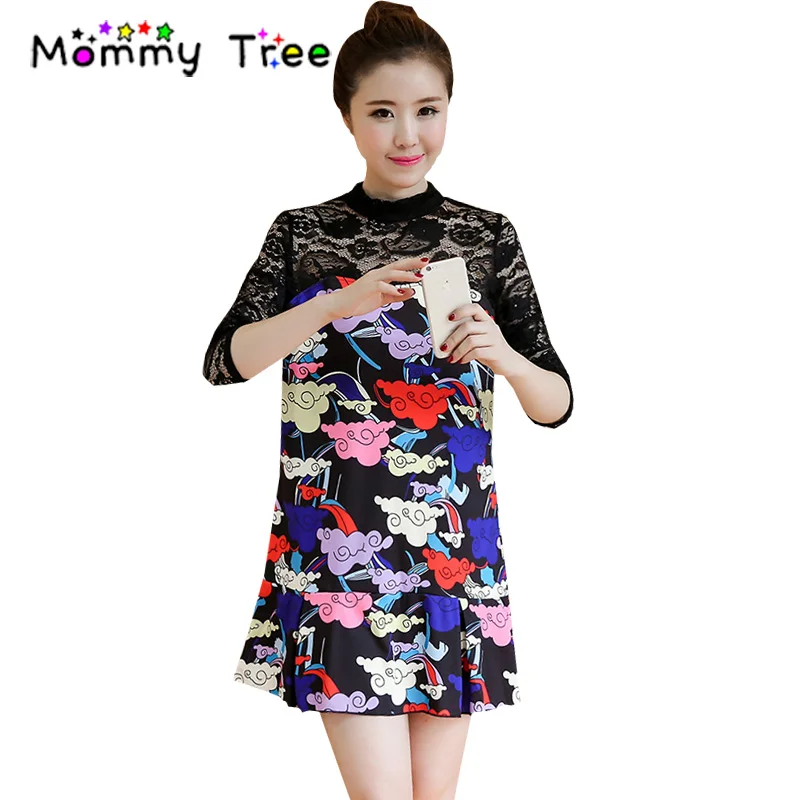 4 Color 2017 Autumn Lace Stitching Maternity Dress Print Maternity