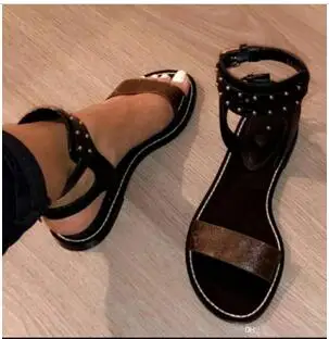 

hot Popular Summer Luxury Ladies Canvas gladiator style flats shoes black golden studs women's nomad sandal Party Sexy Fashion L